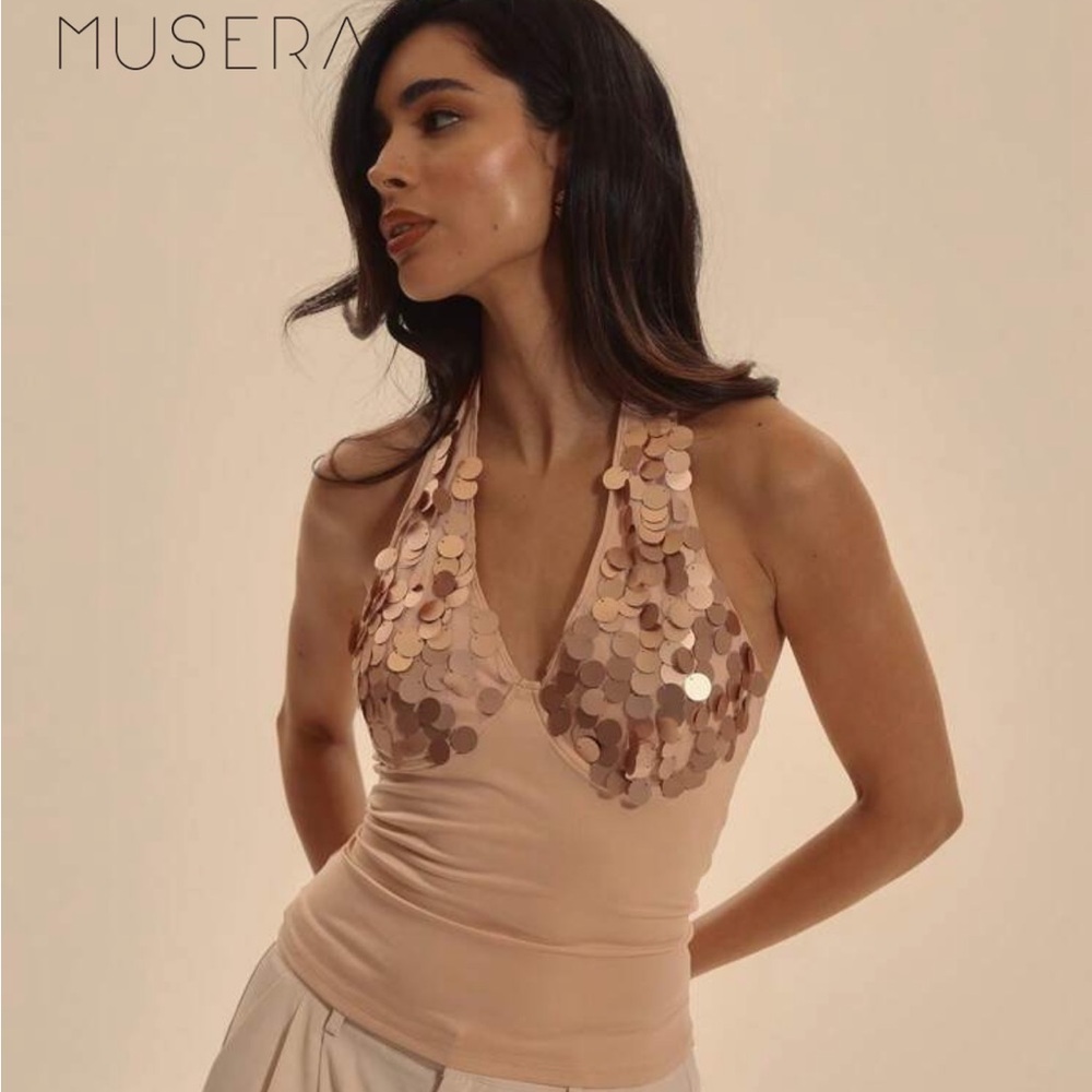 SHEIN Musera Beige Sequin Corset Top